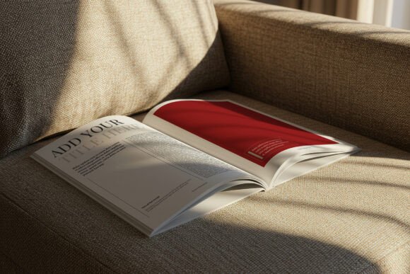 Download Open Magazine on Sofa Soft Light Mockup - Mockup Collection
