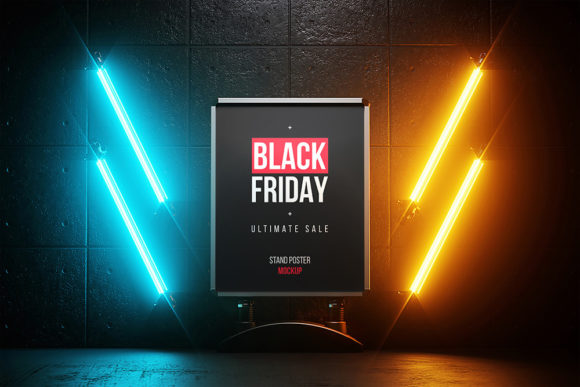 Download Poster in Dark Place with Neon Mockup - Mockup Collection
